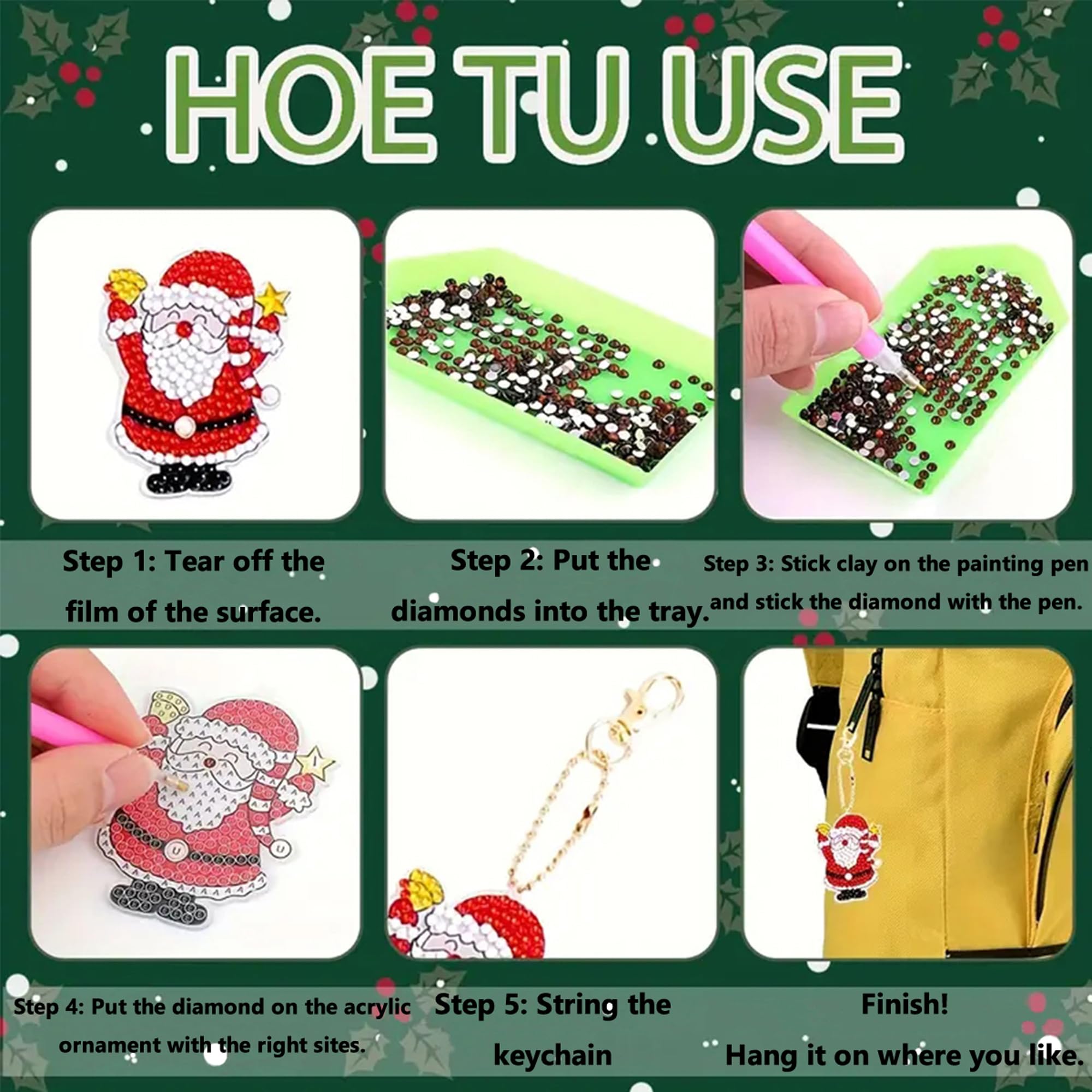 TSJ 12 PCS Christmas Diamond Painting Keychains DIY Diamond Art Ornaments Christmas Hanging Diamond Painting Kits - Image 3