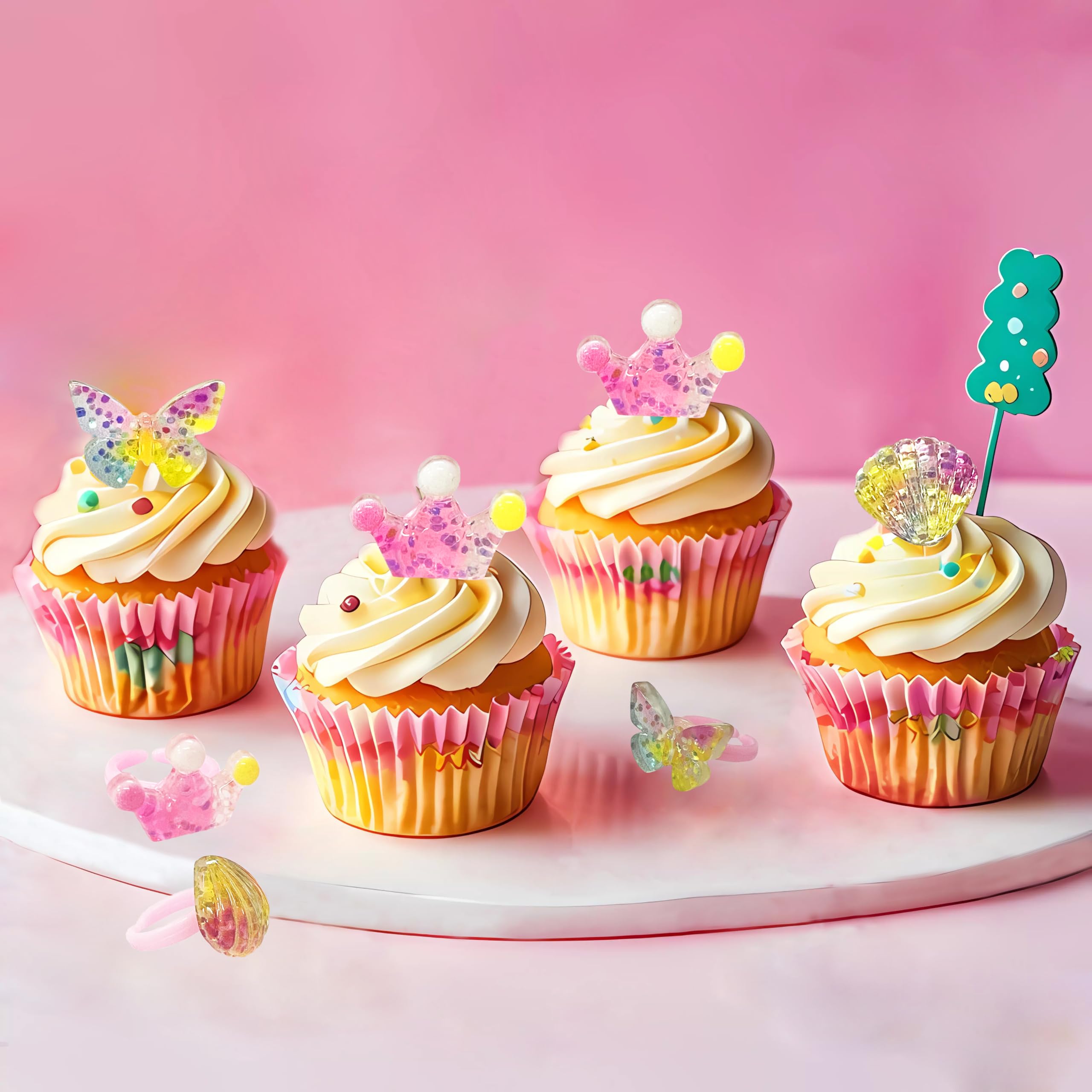 TSJ 12 PCS Cupcake Topper Rings Plastic Cake Decorations Butterfly Crown Shell Colorful Rings Dress Up Party Accessories - Image 3