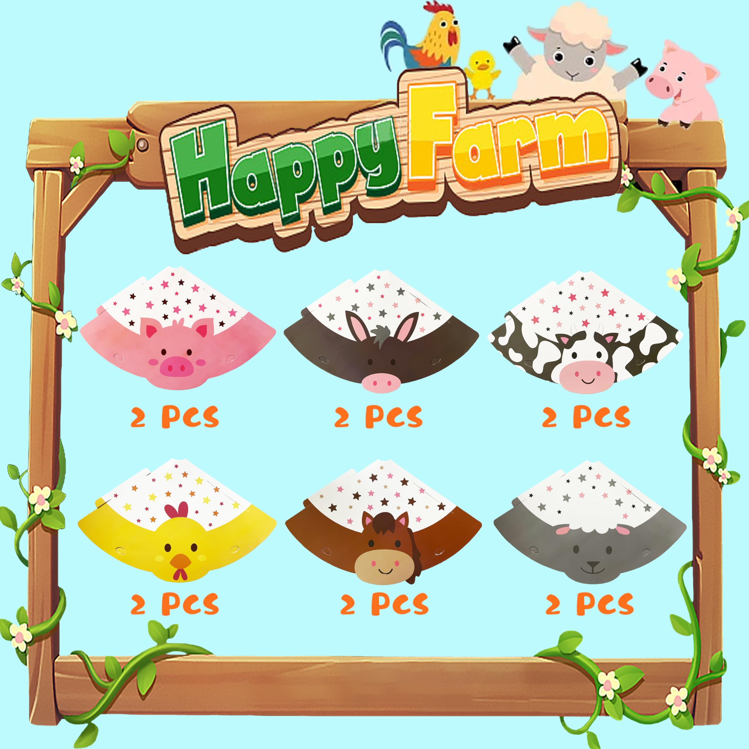 TSJ 24PCS Animal Themed Costume Hats Birthday Party Headband, Farm Cupcake Toppers for Farm Themed Party Favors - Image 3