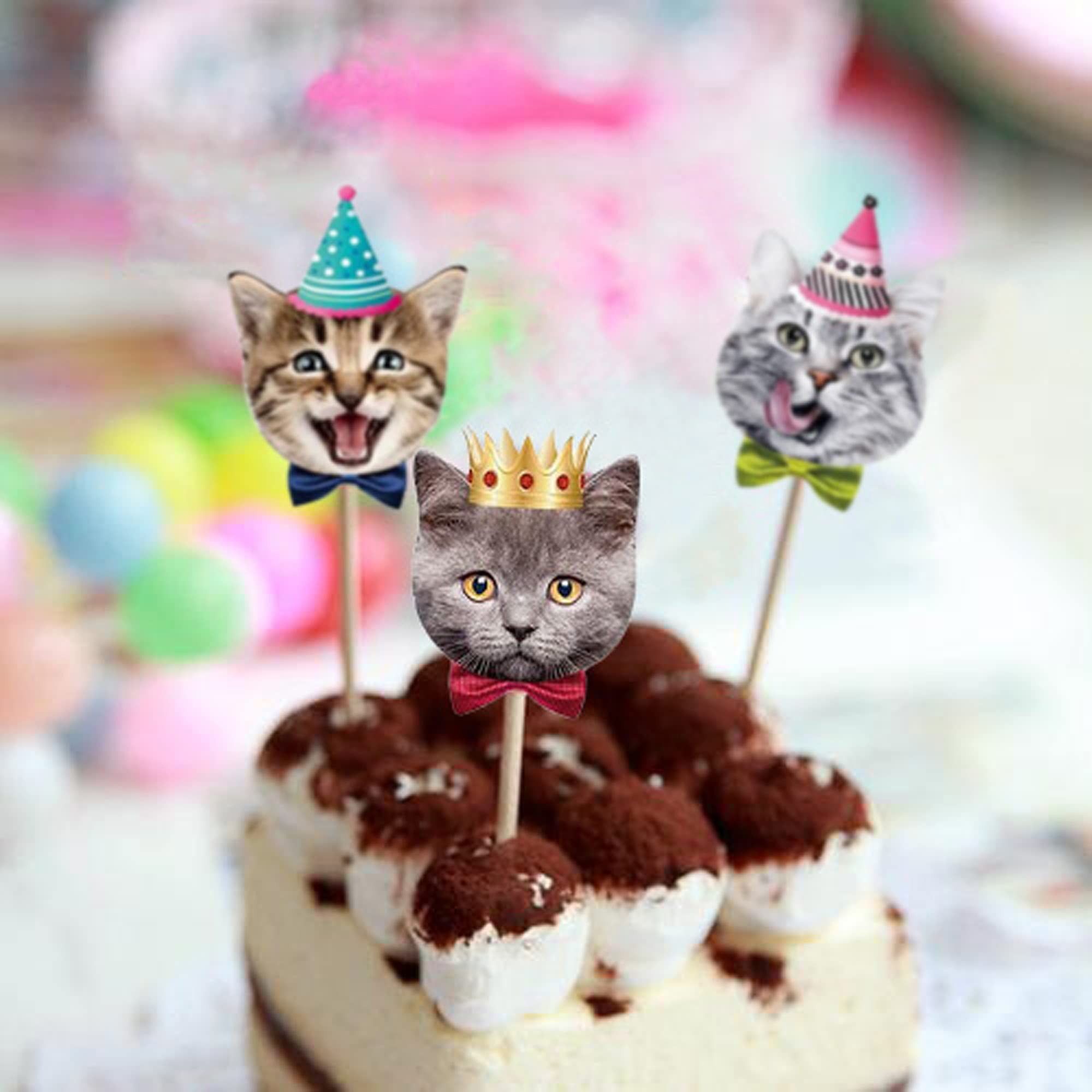 TSJ 24PCS Cat Cupcake Toppers, Cats Face Cake Toppers, Kitten Pet Theme Decorations Stick Toothpicks Supplies for Party Baby Shower - Image 4