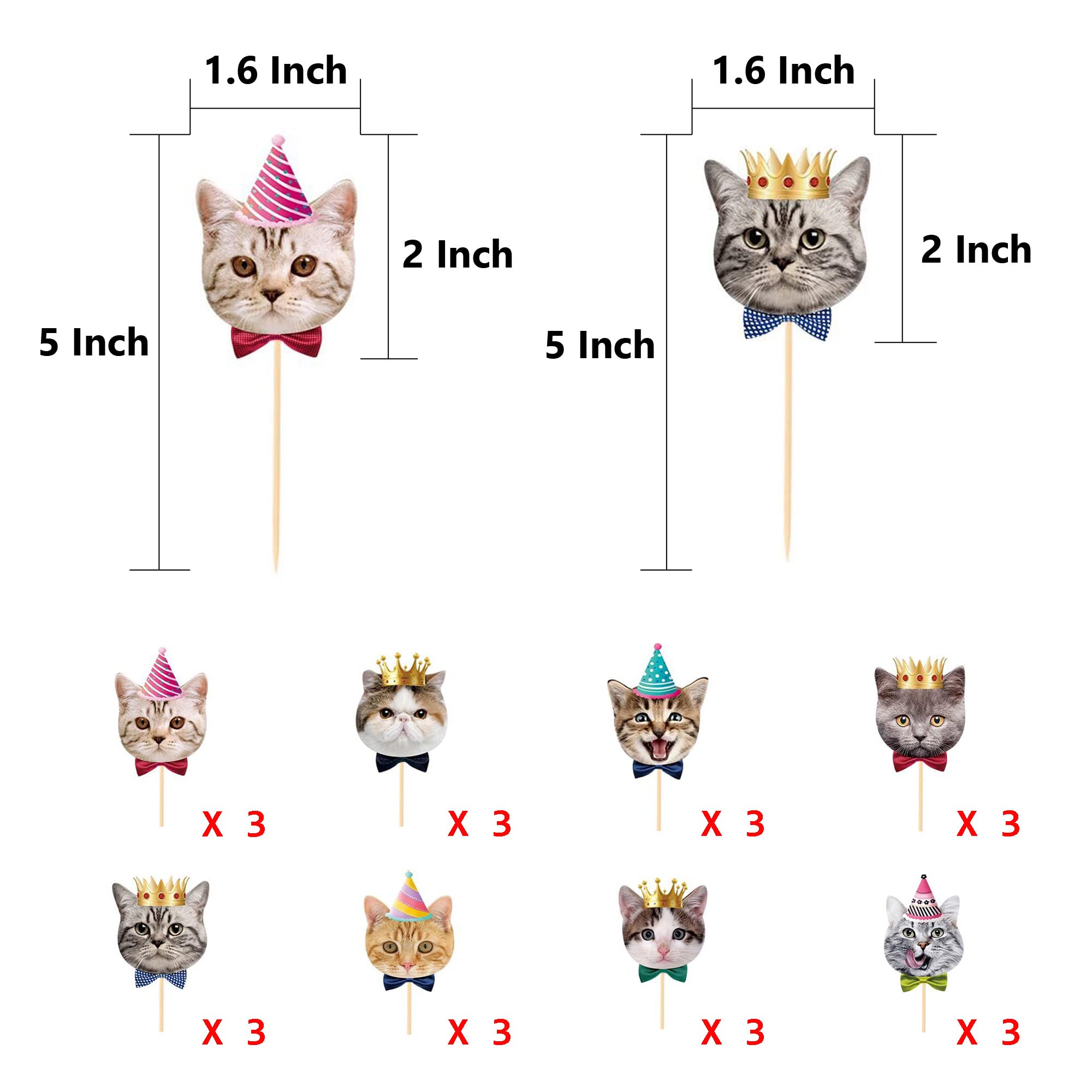 TSJ 24PCS Cat Cupcake Toppers, Cats Face Cake Toppers, Kitten Pet Theme Decorations Stick Toothpicks Supplies for Party Baby Shower - Image 6