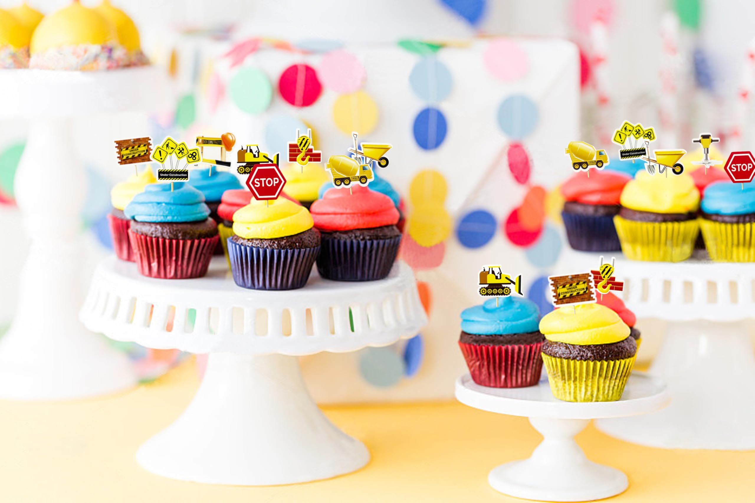 TSJ 36 PCS Construction Cupcake Toppers Stop Sign Dump Truck Excavator Tractor Cake Topper Construction Party Decorations for Birthday Party, Baby Shower - Image 3