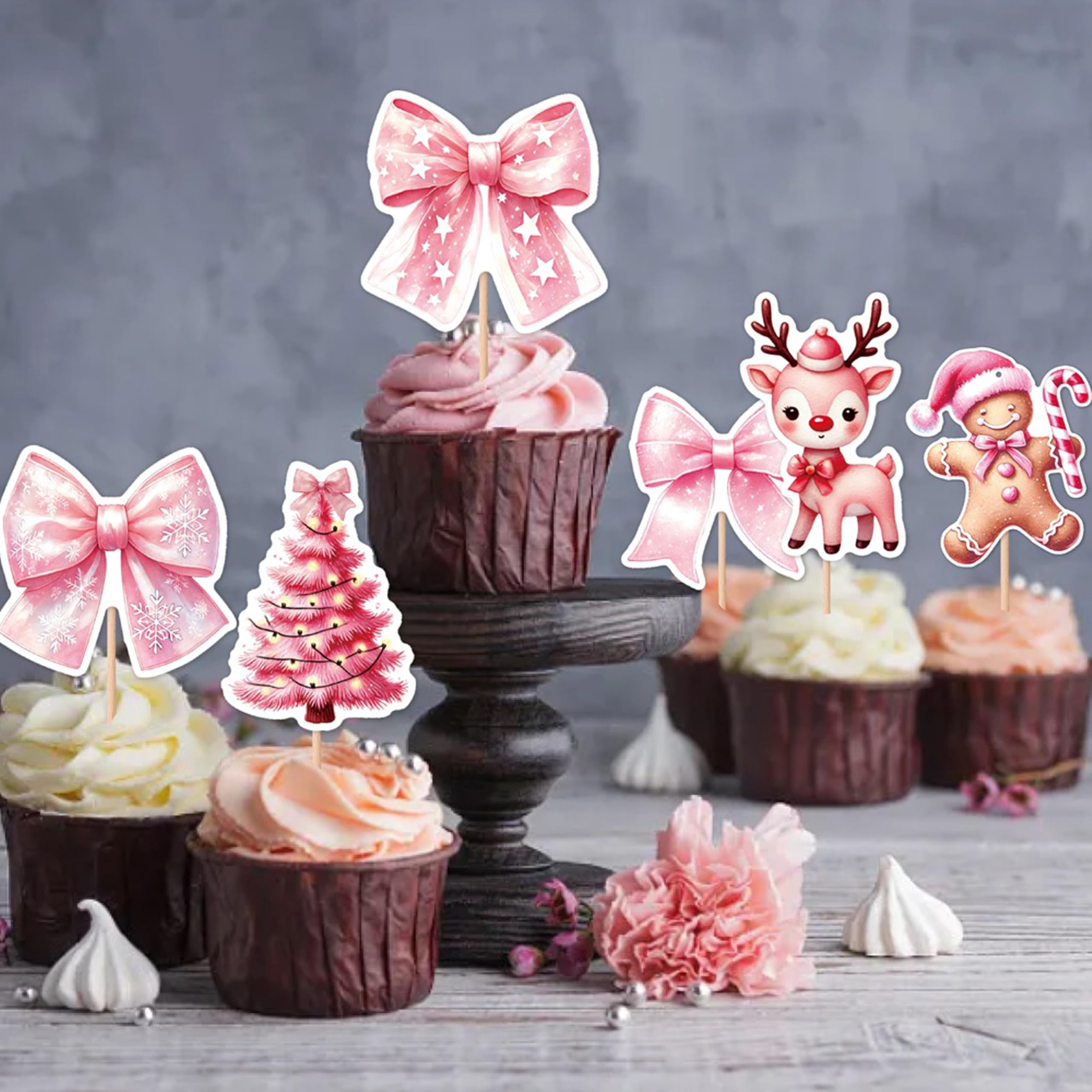 TSJ 36PCS Christmas Cupcake Toppers Pink Xmas Holiday Cupcake Picks Cake Decorations for Merry Christmas Party Supplies - Image 3