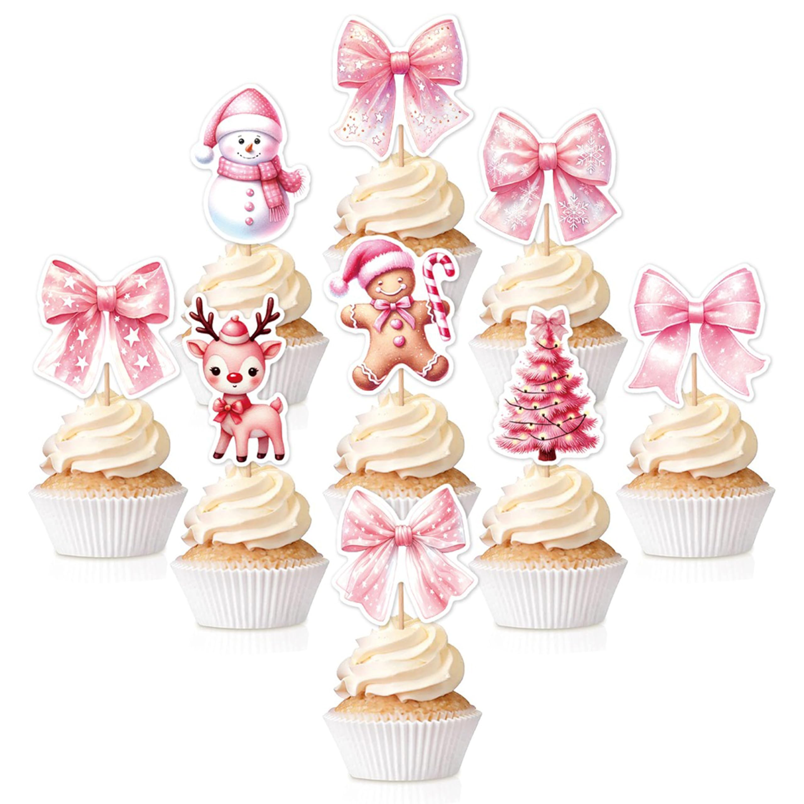 TSJ 36PCS Christmas Cupcake Toppers Pink Xmas Holiday Cupcake Picks Cake Decorations for Merry Christmas Party Supplies - Image 4