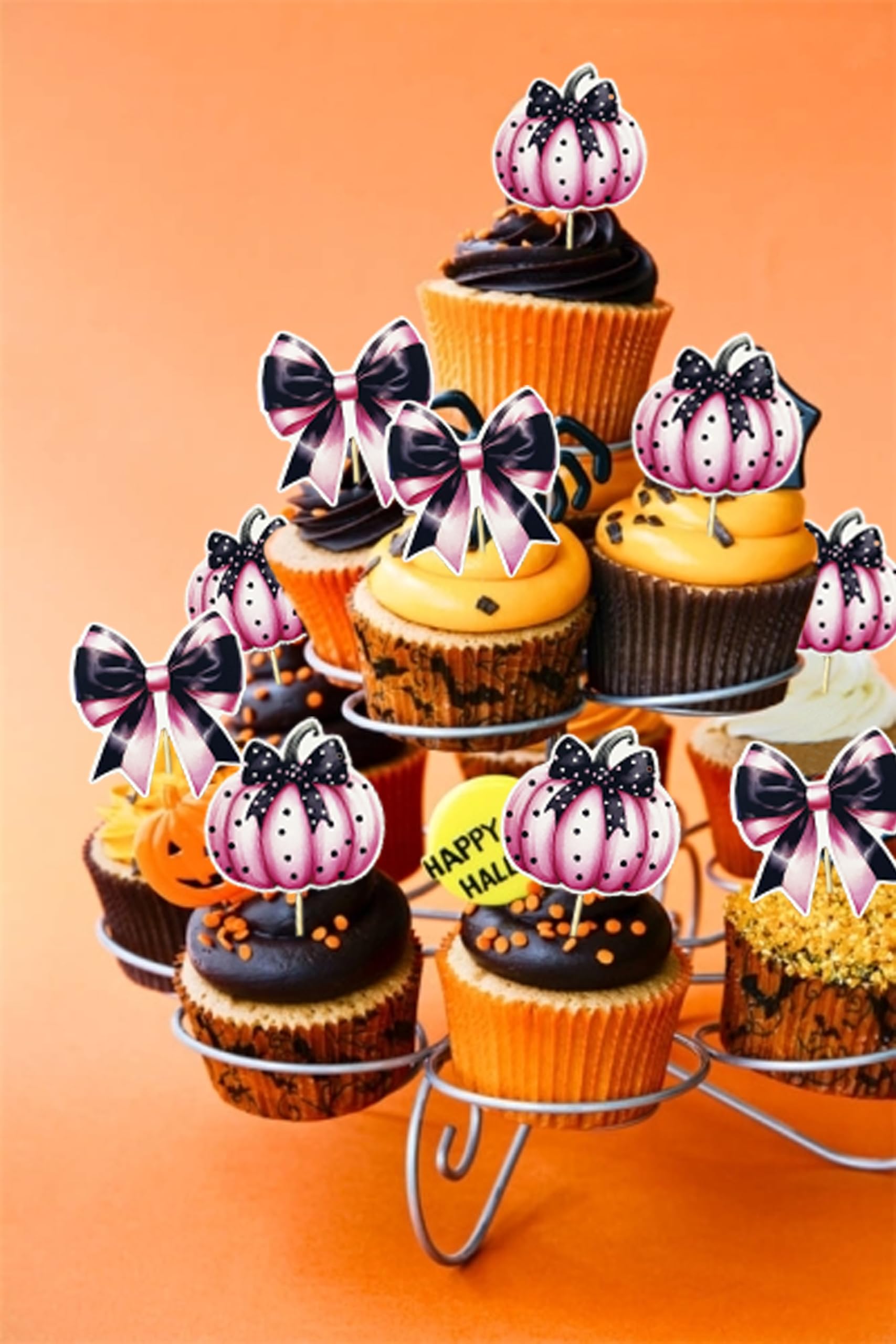 TSJ 36PCS Halloween Cupcake Toppers Pumpkin Cupcake Picks Black Bow Cake Decorations for Thanksgiving Halloween Baby Shower Party Supplies - Image 3
