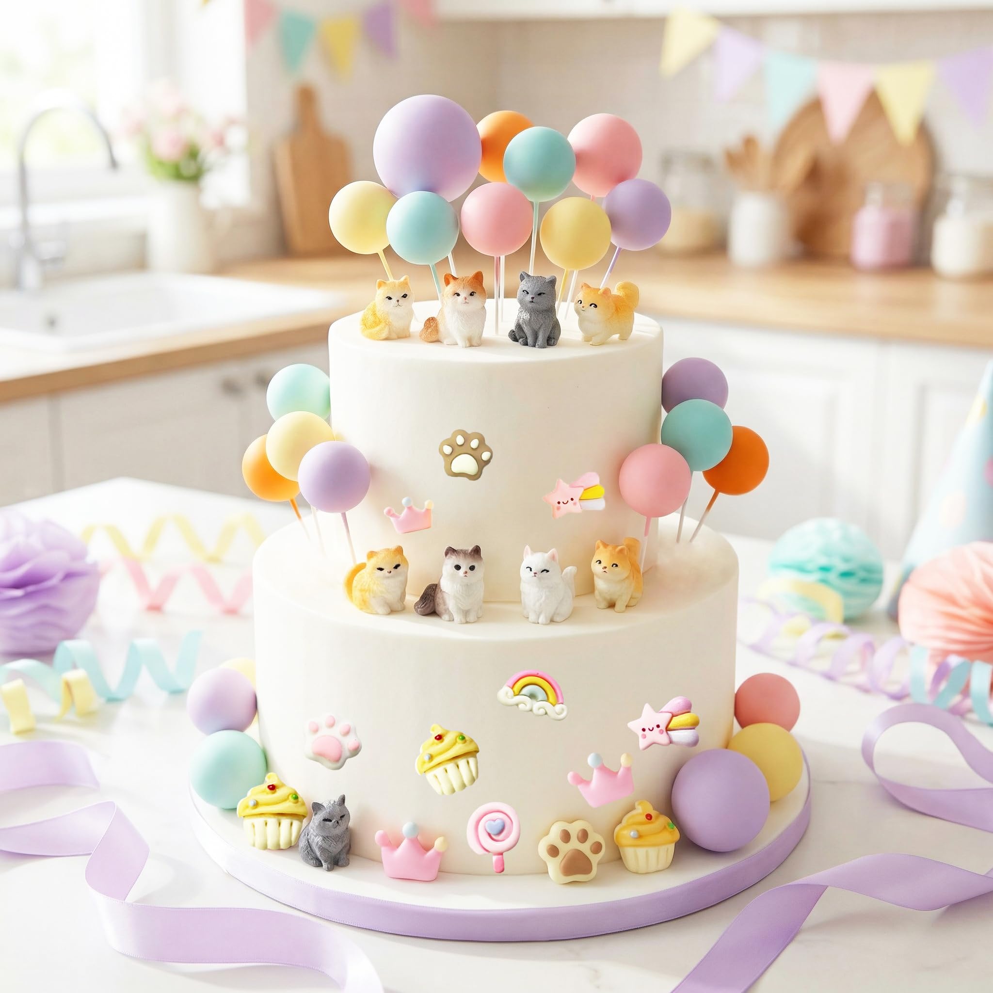 TSJ Cat Cake Toppers Kitten Figurines Colorful Ball Cake Toppers Cute Cake Decorations for Birthday, Baby Shower, Pet Themed Party Favors - Image 5