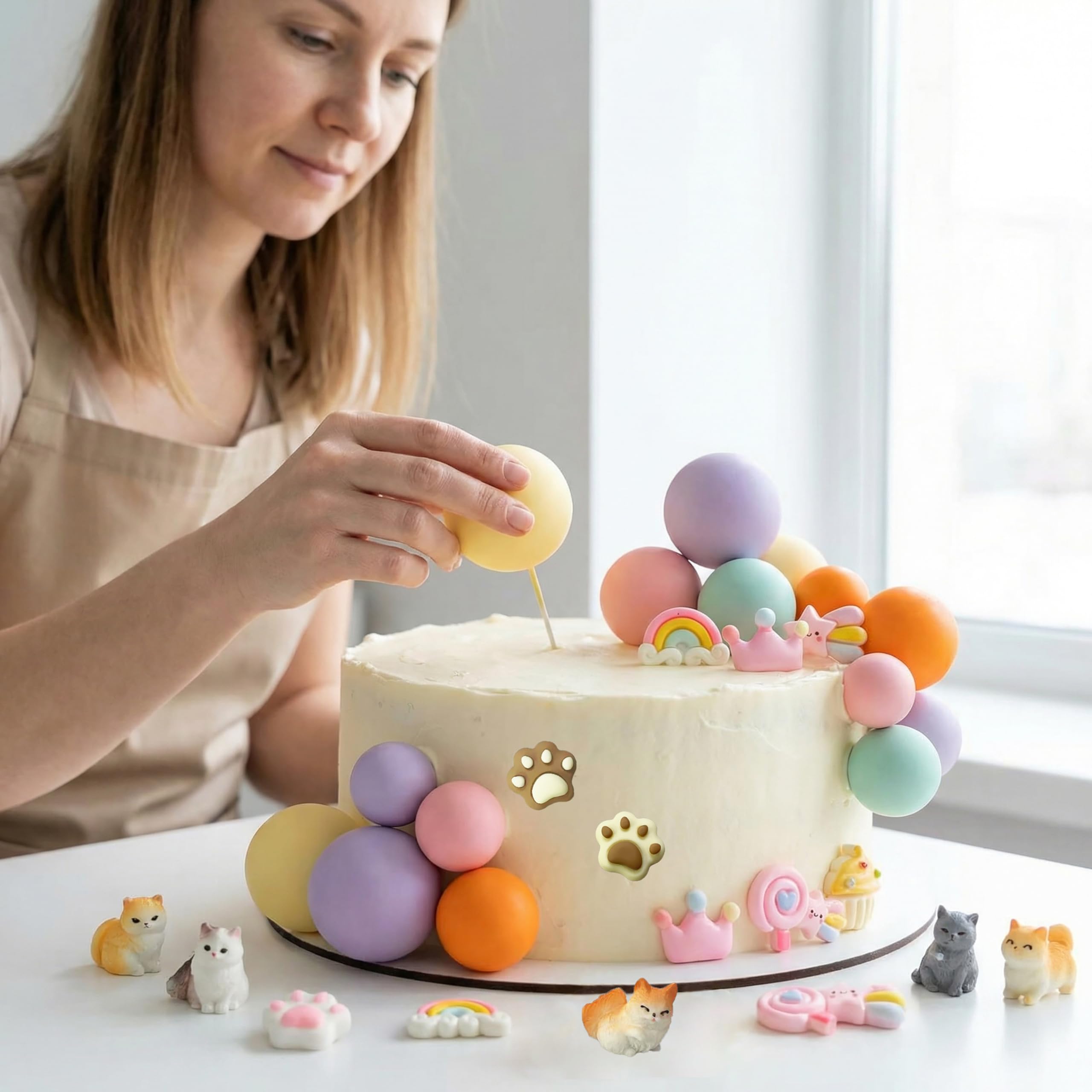 TSJ Cat Cake Toppers Kitten Figurines Colorful Ball Cake Toppers Cute Cake Decorations for Birthday, Baby Shower, Pet Themed Party Favors - Image 6