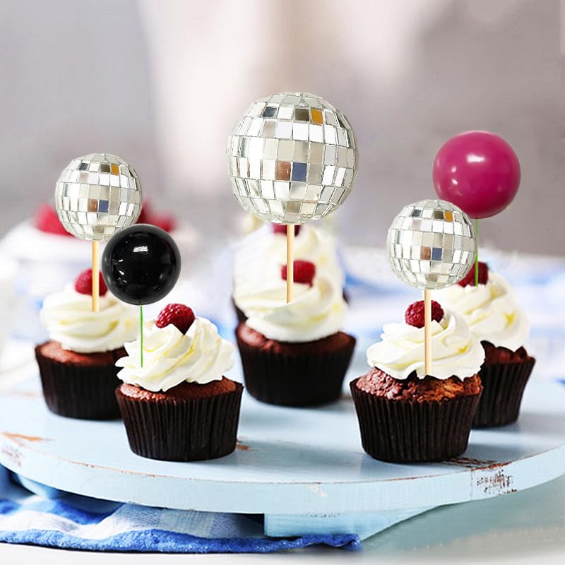 TSJ Hot Pink Disco Ball Cake Toppers Happy Birthday Cake Decorations Cupcake Toppers for Disco Theme Party Favors - Image 3