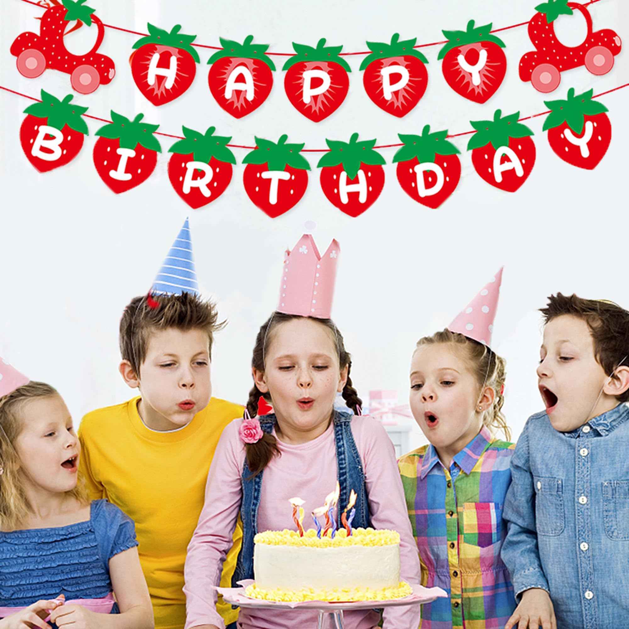 TSJ Strawberry Happy Birthday Banner Baby Shower Bunting Garland Berry Themed Birthday Decorations - Image 3