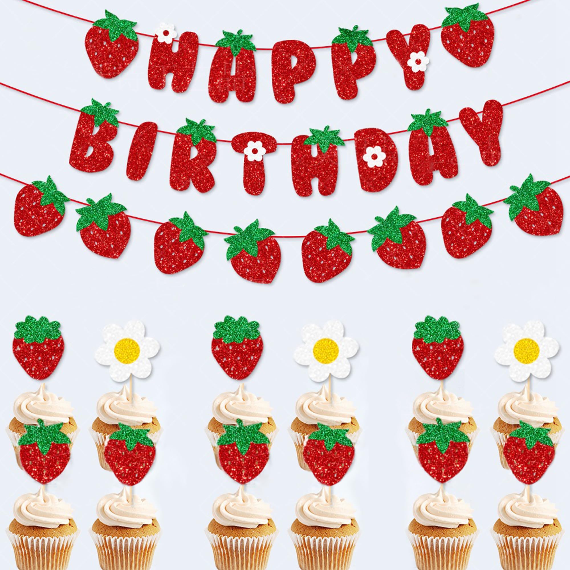TSJ Strawberry Happy Birthday Banner Glitter Strawberry Bunting Garland Berry Themed Birthday Decorations - Image 3