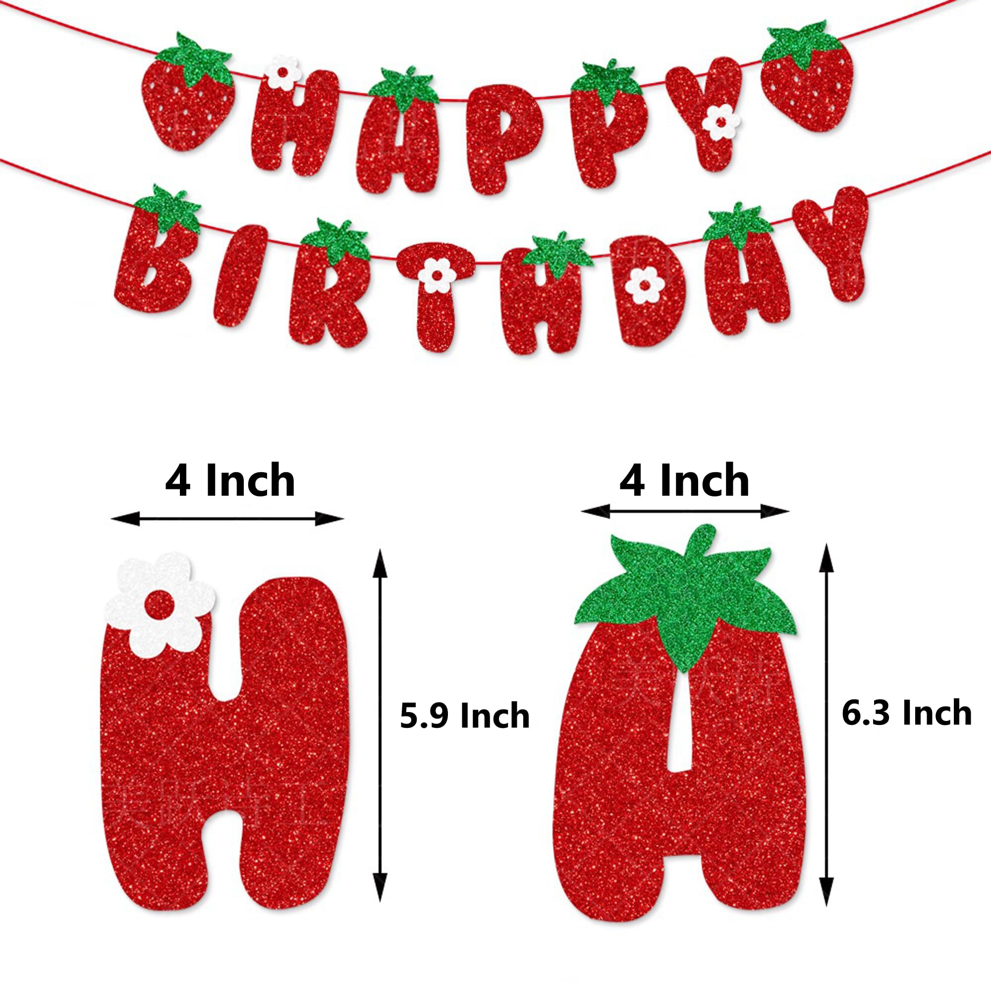 TSJ Strawberry Happy Birthday Banner Glitter Strawberry Bunting Garland Berry Themed Birthday Decorations - Image 4